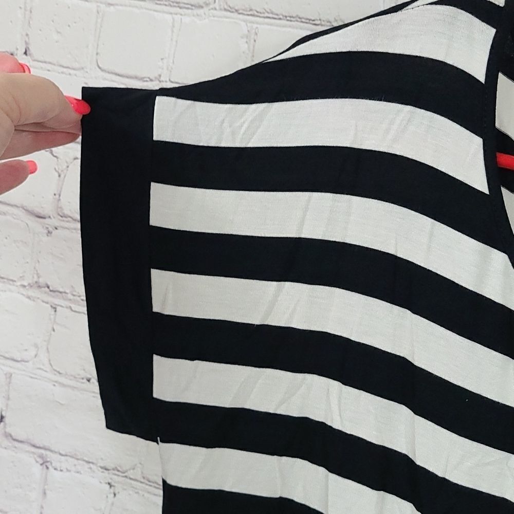 Black White Stripe Top Large Cable & Gauge Pom Detail Soft Luxe Chic Dolman Tee - Picture 4 of 10
